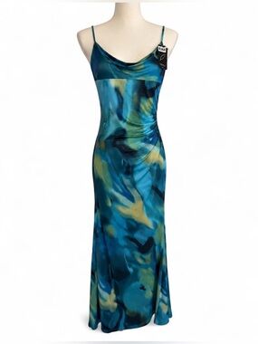 Silky Teal Stretchy fitted silhouette Multicolor Maxi Dress by Capuffy— NWT XS